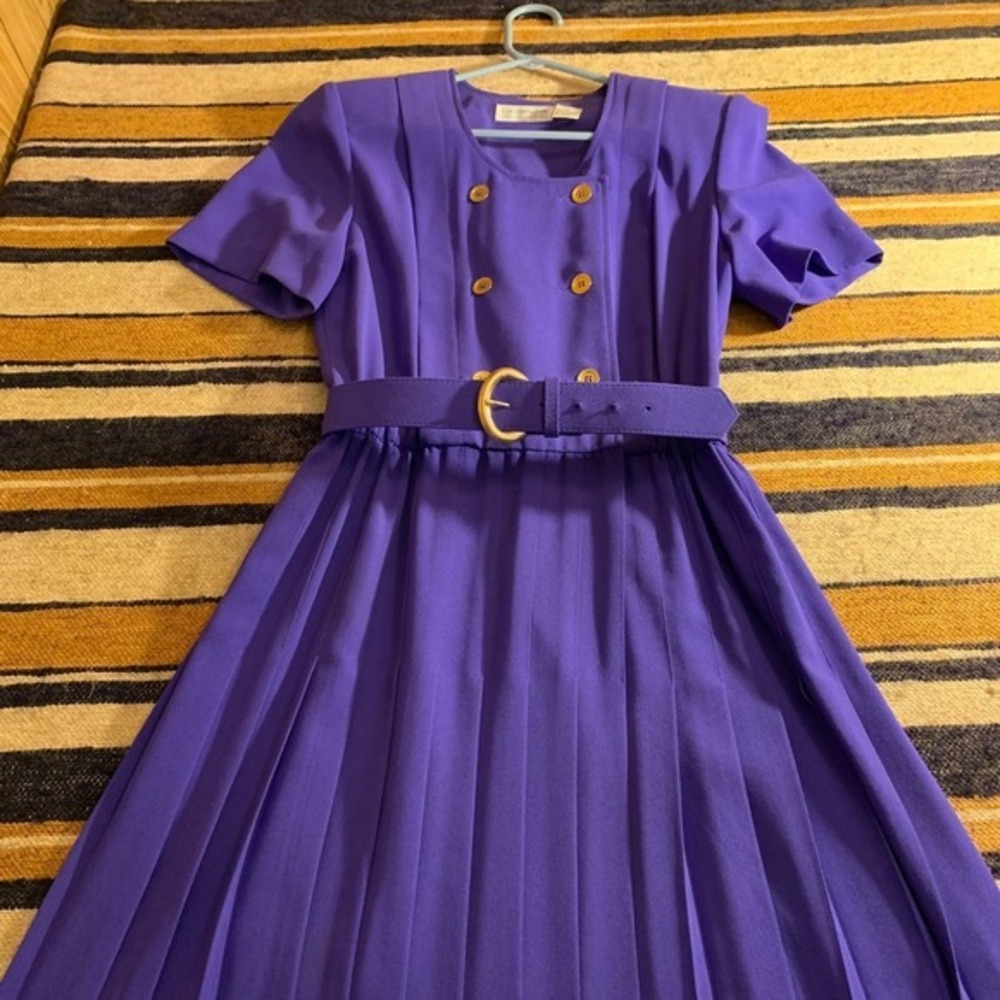 Liz Claiborne‎ VTG Purple Pleated Midi Dress Belt Preppy Retro 80s Power Suit 6P